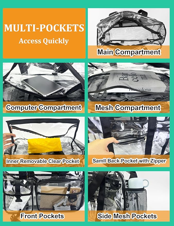 Large Clear Tote Bag 20” for Duffle with 10 Pockets, Clear Beach Gym Crossbody Bag, Big Transparent See Through Bags for Travel Work