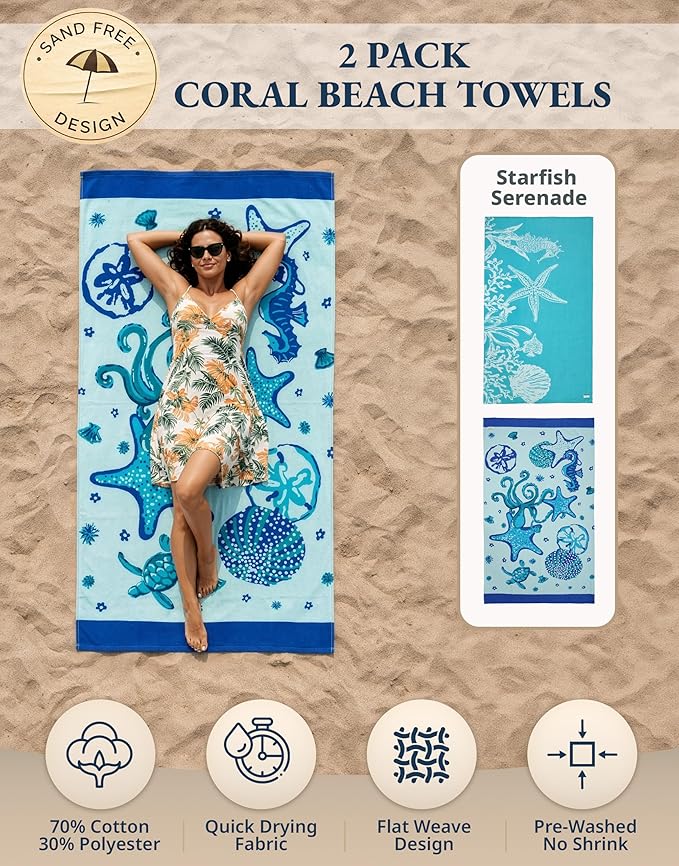 LANE LINEN 2-Pack Oversized Beach Towels, 39"x71" – Quick-Dry, Sandproof & Absorbent – Lightweight Travel Essentials for Pool or Shore – Starfish Serenade