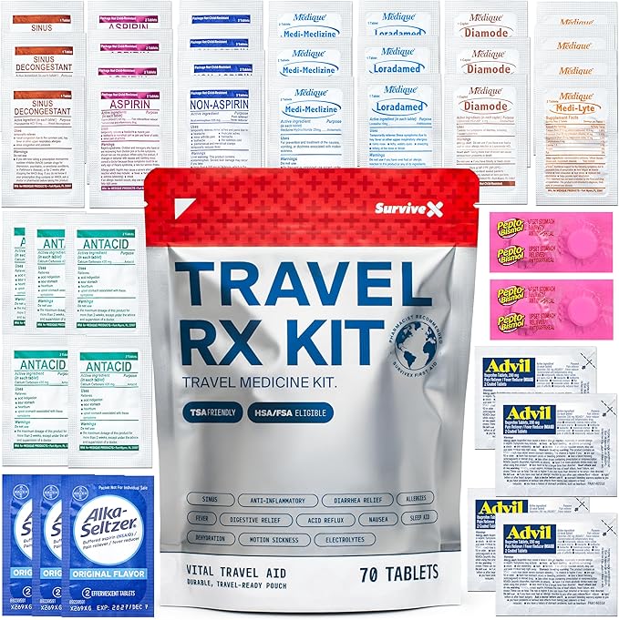 SurviveX Travel Medicine Kit - Compact TSA-Approved Medication Pack for Travel, Camping, Cruises - Includes Over-the-Counter Individual Medicine Packets