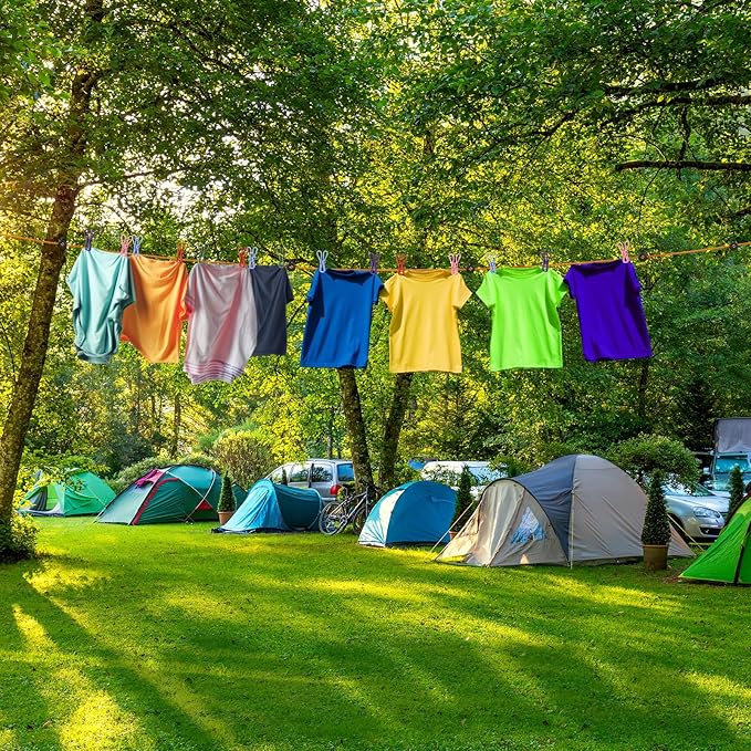 Windyun Portable Travel Clothesline Cord Adjustable 26ft Camping Clothes Line Laundry Drying Rope with 24 Colorful Windproof Clothespins 24 Stoppers 1 Storage Bag for Hotel Trip Cruise Outdoor Indoor