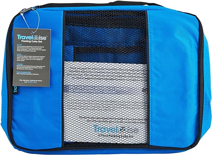 TravelWise 5 Piece Packing Cubes Set, Lightweight Luggage Organizer with Mesh Panels and 2 Way Zippers, Includes Small, Medium and Large Cubes for Travel, Blue