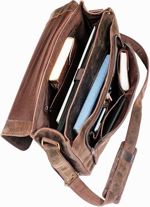 Full Grain Leather Messenger Bag – Brown Buffalo Leather Laptop Briefcase for Men, Handmade Vintage Satchel Crossbody Bag for Work Office College Travel, 16 Inch Computer Business Bag