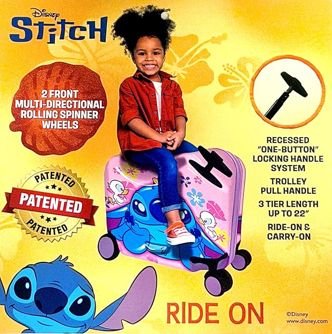 Fast Forward Stitch 2-in-1 Kids 18" Suitcase & Ride-On Luggage - Lightweight Tow-Along Toddler Luggage with Wheels
