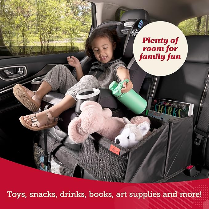 Lusso Gear Car Seat Organizer - Built-In Car Cup Holders & Mesh Pockets - Foldable Back Seat Organizer with Handles - Kids Road Trip Essentials - 9 Compartments, Black Oxford