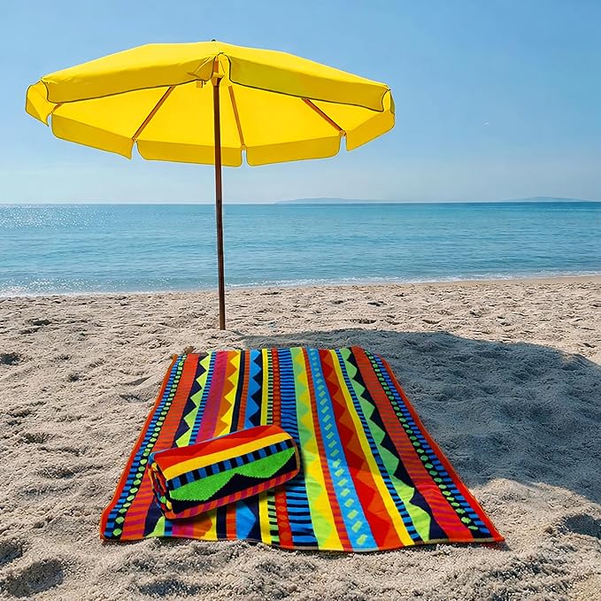 COTTON CRAFT Oversized Beach Towel - 2 Pack XL 39 x 68 inches Big & Huge Beach Blanket Towel - 100% Cotton Jacquard Velour - Super Soft Luxury - Pool Picnic Bath - Cozumel Red Blue Yellow