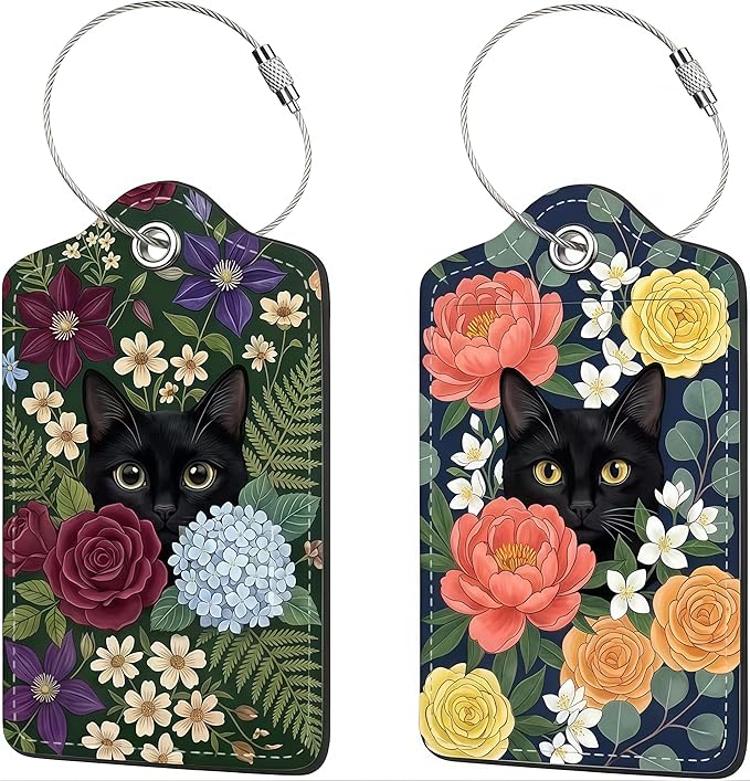 2 Pack Luggage Tag for Suitcase, Cute Unique Leather Bag Tags Identifiers Privacy Cover ID Label with Durable Steel Loop for Women Men Kids Girls Travel (BlackcatskyD)