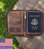 Passport Wallet - Travel Document Holder w/RFID Blocking – Full Grain Leather – Bifold compact zip around Wallet with Credit Card Slots for Women and Men, brown flag, 500-32