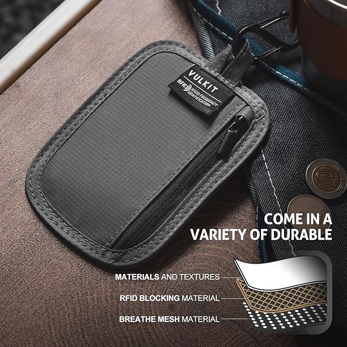 VULKIT RFID Blocking Clip Stash Pocket Small Slim Hidden Zipper Pouch Travel Safety Anti Theft Pickpocket Wallet Grey