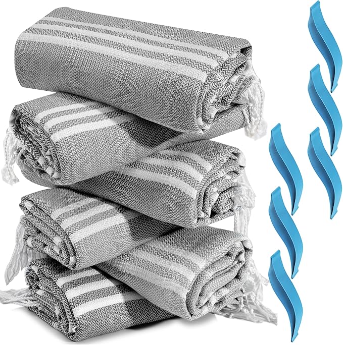 6 Packs Turkish Beach Towel Bathroom Bath Towels Set Bulk Soft Cotton Extra Large Sand Resistant Fast Drying Compact Packable Lightweight Sandrpoof Repellent Anti Repels Foldable Chamois