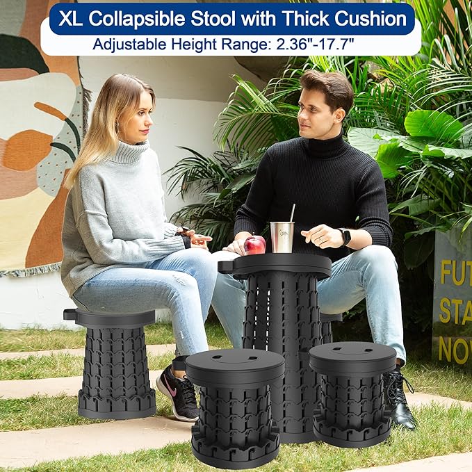 2026 Upgraded 45cm Collapsible Stool with Cushion, Maximum Loading 440 Pounds, Portable and Lightweight Adjustable Seat, Camping Retractable Stool for Outdoor Camping, Fishing, Hiking, BBQ