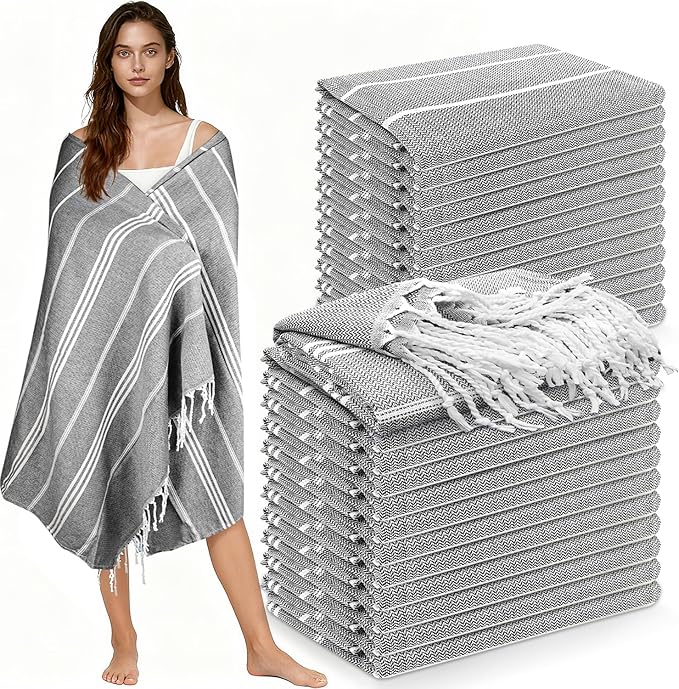 YSYJ 24 Pack Turkish Beach Towel 36"x71" Beach Towels Oversized Bath Towels Sand Free Quick Dry Turkish Towel Bulk Extra Large Pool Blanket Grey