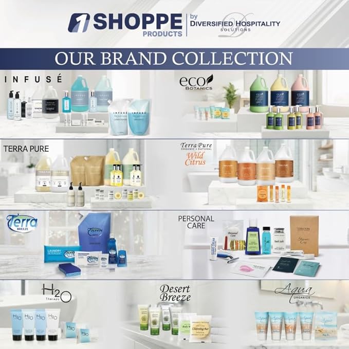 Terra Pure White Tea & Coconut Toiletries Set | 1-Shoppe Amenities Kit | 1oz Shampoo & Conditioner, Body Wash, Lotion, 1.25oz Bar Soap | Travel Size | 300 Pieces