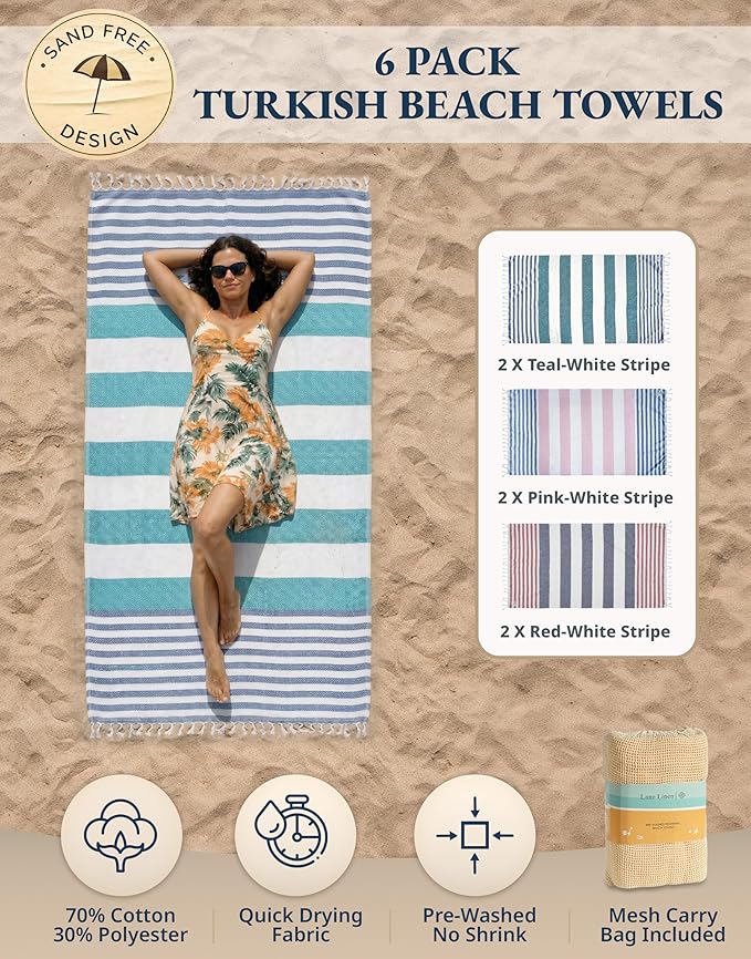 LANE LINEN Beach Towels 6 Pack, Bulk Beach Towels Oversized, Pool Towels for Adults, Pre-Washed, Sand Free Beach Towel, Fast Drying Beach Towel, 39"x71" - Diamond Multi Stripe