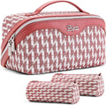 BOYATU Travel Makeup Bags for Women: Large Capacity Cosmetic Bag Set of 3 - Vegan Leather Make up Bags with Compartments - Wide Open Waterproof Toiletry Organizer Bag with Handle (P-03-Red)