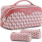 BOYATU Travel Makeup Bags for Women: Large Capacity Cosmetic Bag Set of 3 - Vegan Leather Make up Bags with Compartments - Wide Open Waterproof Toiletry Organizer Bag with Handle (P-03-Red)