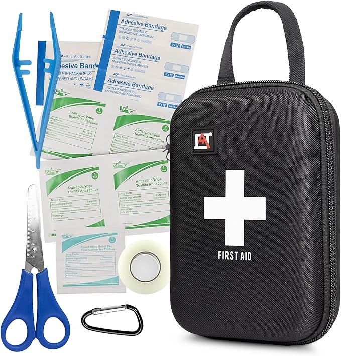 Avalanche 53 Pieces First Aid Kit, Compact Emergency Supplies Kit for Home, School, Car, Travel, Sports or Camping in Hard Shell Foam Case, Portable Mini First Aid Kit, Black