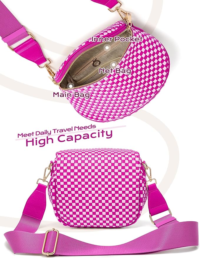 Trendy Woven Checkered Crossbody Bum Bag for Women，PU Leather Checkered Purse Fanny Packs Belt Bag (Woven Bum Bag - Rose White)