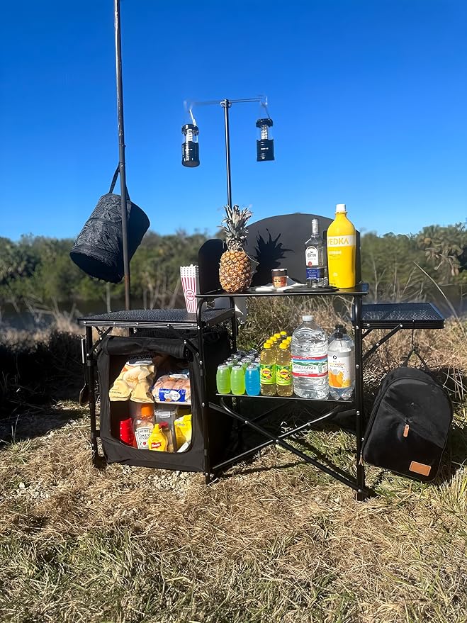 Nice C Camping Kitchen Station, Camping Table, Picnic Table, Portable Grill Table, Folding Cook Table, Upgrade Light Stand and Windshield Station & Organizers, Carry Bag for Beach, Picnic (Black)
