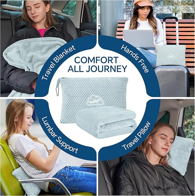 BEDELITE Travel Blanket with Bag, Ultra-Soft Jacquard Fleece Blanket with Luggage Sleeve & Backpack Clip, Airplane Blanket Travel Essentials, Blue