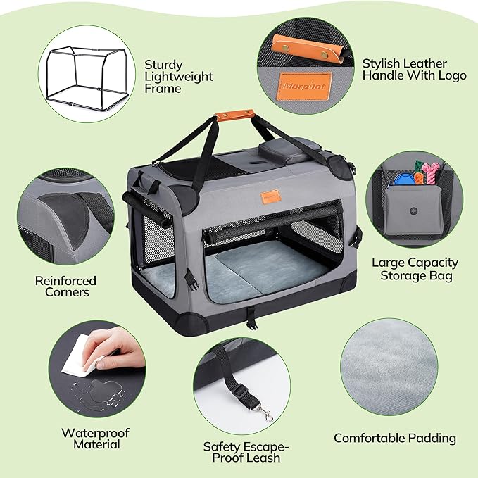 Morpilot 28-inch Portable Collapsible Dog Crate: Travel Dog Crate Soft-Sided for Small Medium Dogs up to 40lbs, with Foldable Bowl, Shoulder Strap & Storage Pockets, Grey