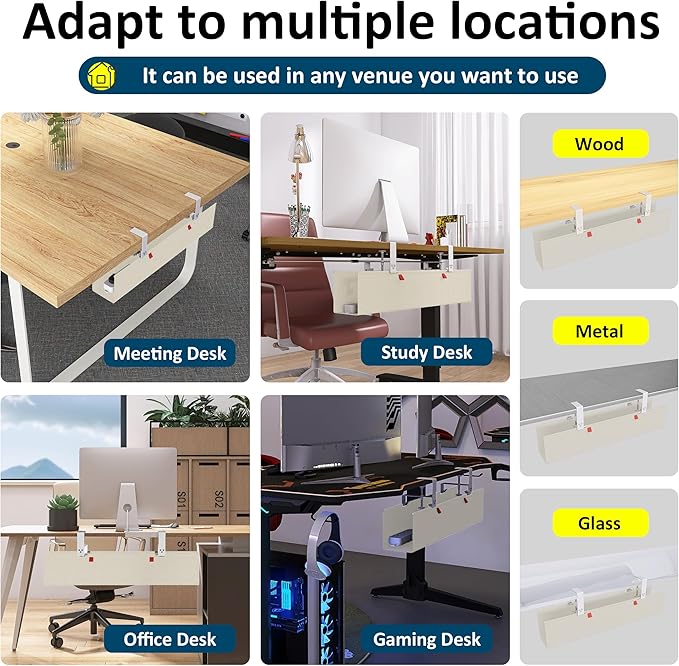28" Small Under Desk Cable Management Tray No Drill, Compact Clamp On Cord Organizer for Dorm & Small Desk, Anti-Sag Oxford Fabric Wire Hider, Power Strip Holder (Beige, 28.6")