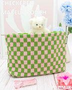 PAZIMIIK Knitted Checkered Makeup Bag Large Zipper Make Up Accessory Pouch for Purse Cosmetic Brush Bag for Travel Essential Pink Green