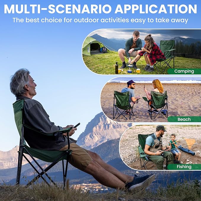 2-Pack Foldable Camping Chairs with Cup Holder, 300LB Lawn Portable Folding Chairs for Adults, Lightweight Outdoor Beach Chairs with Carry Bag for Camp, Fishing, Sports (Green)