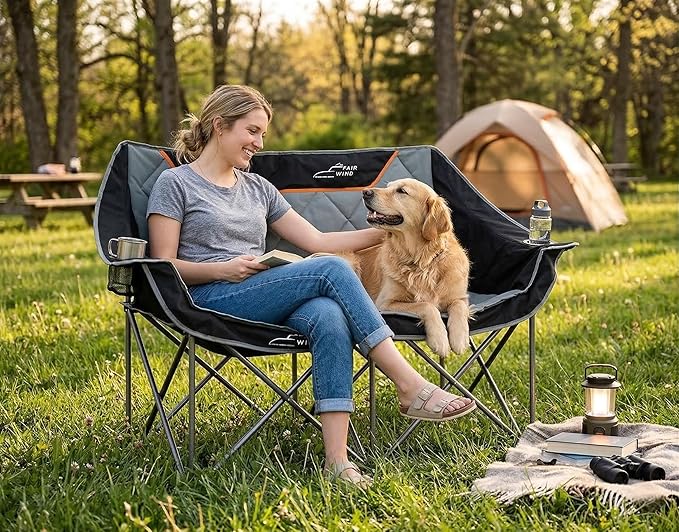 FAIR WIND Oversized Fully Padded Camping Chair Folding Loveseat Camping Couch Double Duo Chair Heavy Duty Quad Fold Arm Chair with Cup Hold - Supports 650 LBS Black