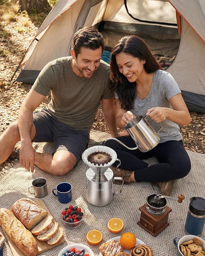 AGOGO Pour Over Coffee Maker Set - Unbreakable 304 Stainless Steel V60 Dripper & Server for Camping & Party, Includes 50 Paper Filters & Barista Towel - Silver - 30oz