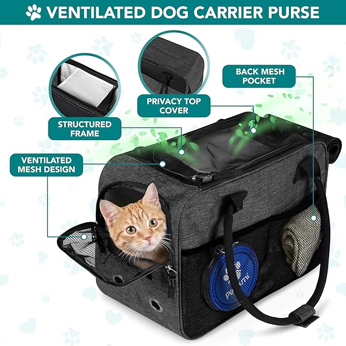 PetAmi Dog Purse Carrier for Small Dogs Cats, TSA Airline Approved Soft-Sided Pet Carrier with Pockets, Ventilated Travel Tote Bag with Bed & Shoulder Strap, Puppy Kitten, Max 12 lbs, Heather Charcoal
