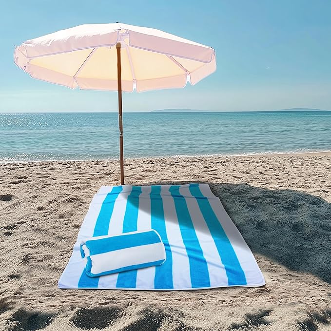 COTTON CRAFT Oversized Beach Towels - 2 Pack XXL 35x84 - The Big Kahuna 7 Foot Extra Large Beach Blanket Towel - Big & Tall - Huge 100% Cotton Velour Soft Luxury Pool Bath Towel - Cabana Stripe Aqua