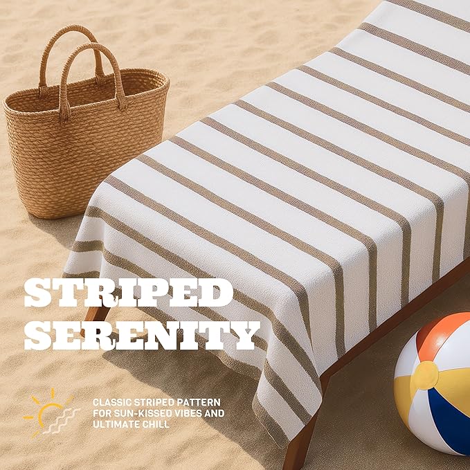 White Classic Cotton Pool Towels Oversized 35 x 70 Inches, Ultra Absorbent and Low Lint Striped Beach Towels for Adults, Stripes Design Luxury Extra Large Bath Towels, Cream Beige, 3 Pack