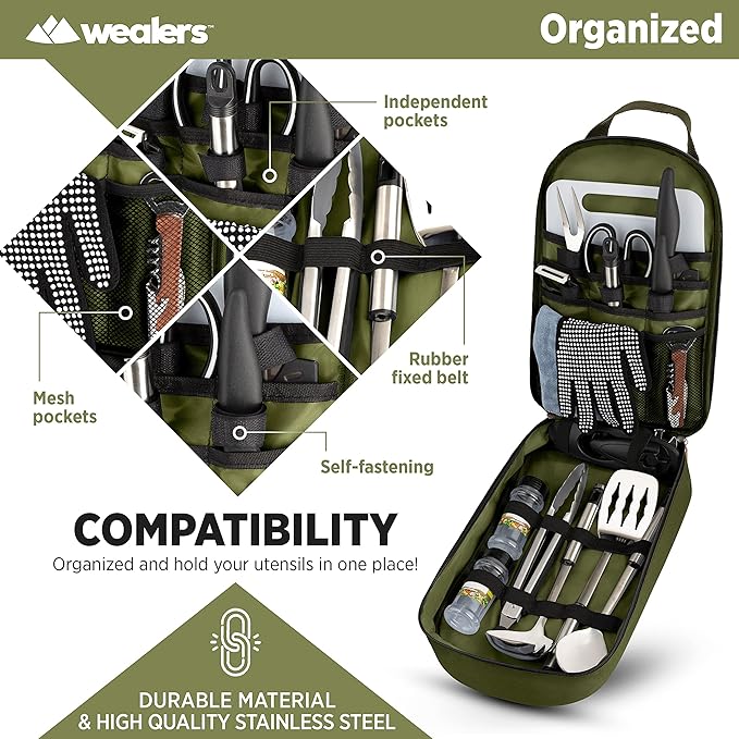 Wealers Camp Kitchen Cooking Utensil Set Travel Organizer Grill Accessories Portable Compact Gear for Backpacking BBQ Camping Hiking Travel Cookware Kit Water Resistant Case
