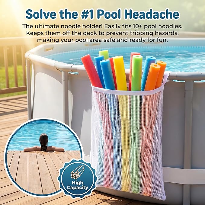 3 Pieces Above Ground Pool Storage Bag - 2 Pcs Pockets Bags & One Large Drawstring Mesh Organizer for Large Floats, Toys, Sports Balls, Towels & Beverages
