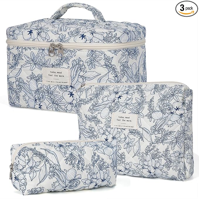 Makeup Bag,Quilted Cosmetic Bags,Large Floral Make Up Organize bag,Makeup Bag Set for Women,Flower Travel Toiletry Bag