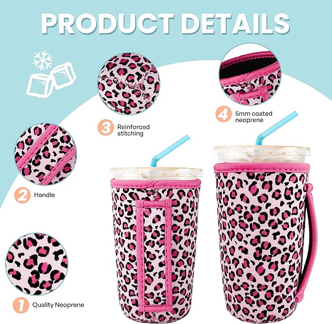 KJQJLY 3 Pack Reusable Iced Coffee Sleeves for Iced Coffee Cups or Drinks Reusable Neoprene Insulated Sleeves for Hot and Cold Drinks from Starbucks, Dunkin, And More (pink leopard print)