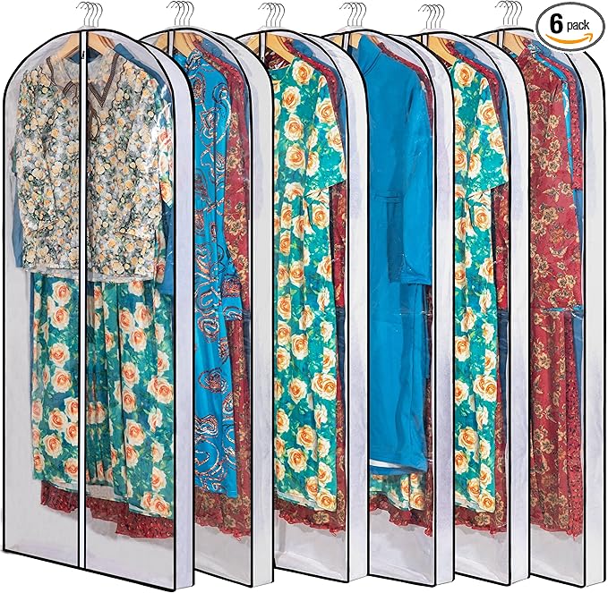 Mskitchen Clear Garment Storage with 4" Gusseted Hanging Covers - Durable, Transparent Protectors for Long Coats, Gowns, Dresses - 24"x 60"x 4" / 6 Pack