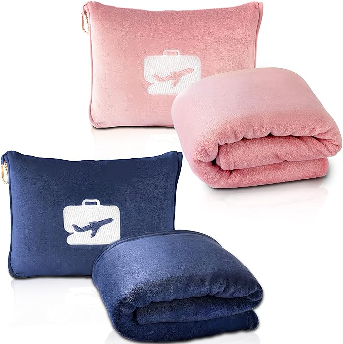 EverSnug Travel Blanket and Pillow Value Pack – Premium Soft & Lightweight | 2 in 1 Compact Blanket for Airplane, Car, Kids and Women | Color Includes Pink & Navy Blue