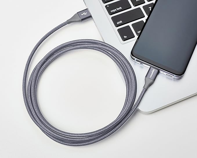 Amazon Basics Nylon Braided USB-C to USB-A 2.0 Fast Charging Cable, 480Mbps Speed, USB-IF Certified, for Apple iPhone 16/15, iPad, Samsung Galaxy, Tablets, Laptops, 6 Foot, Dark Grey (Pack of 2)