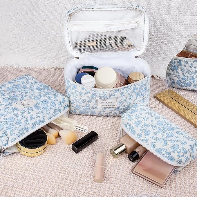 Gosect Makeup Bag Set, Quilted Makeup Bag, Large Floral Cosmetic Bag for Women, Cute Cotton Makeup Bags, Flower Travel Toiletry Organizer Bag (Black Rose Flower)