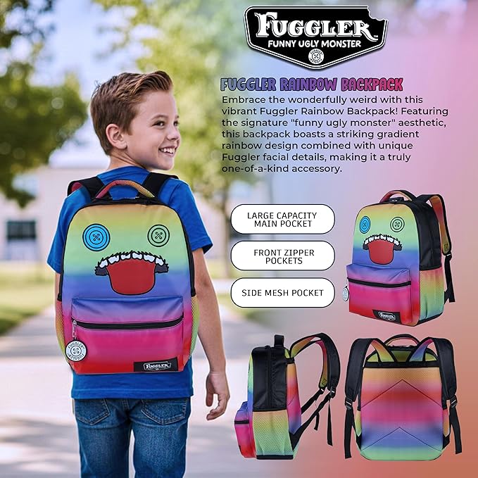 AI ACCESSORY INNOVATIONS Fuggler Backpack with Big Face Oogah Boogah Character, Rainbow Gradient, 16 Inch, Polyester, 3 Pockets, Adjustable Straps, for Kids Ages 5-12