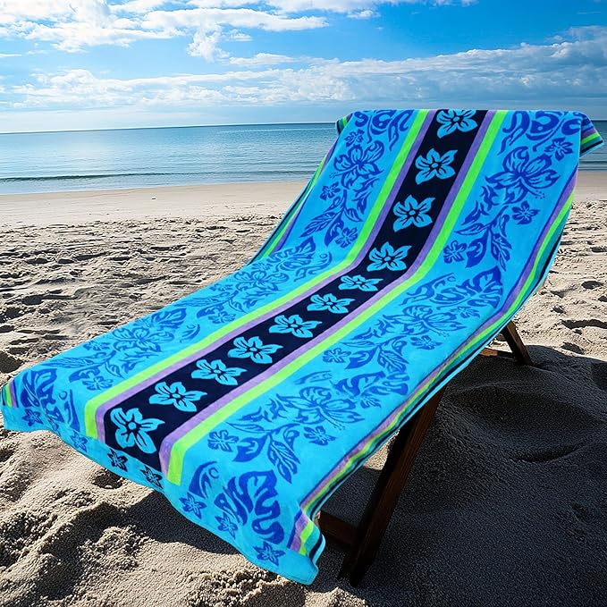 COTTON CRAFT Oversized Beach Towel - 2 Pack XL 39 x 68 inches Big & Huge Beach Blanket Towel - 100% Cotton Jacquard Velour - Super Soft Luxury - Pool Picnic Bath - Tropical Hibiscus Aqua Blue Purple