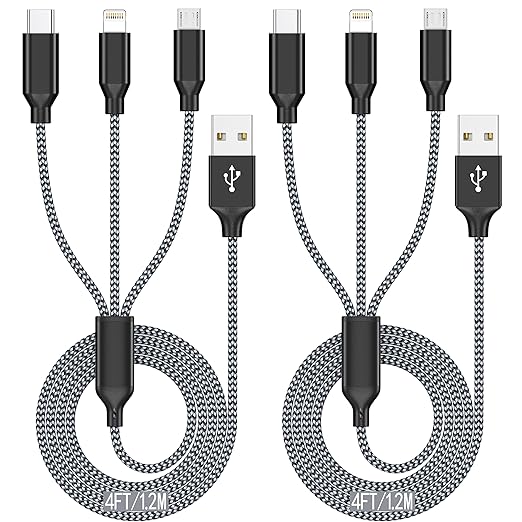 Xnewcable Multi Charging Cable 4ft 2Pack 3 in 1 Charger Cord, Multiple Rapid Nylon Braided Cable USB Charging Cable Multi Phone Charger Cord with Type C Micro Lightning USB Connectors for Cell Phones