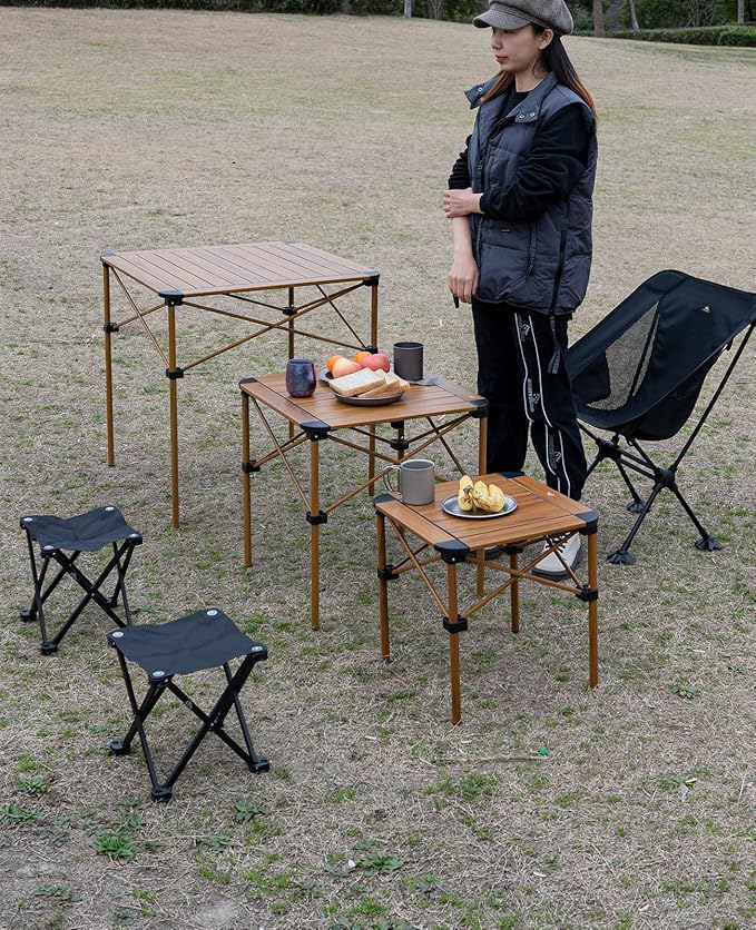 iClimb Lightweight Stable Alu. Folding Square Table Roll Up Top with Carry Bag for Camping Picnic Backyards BBQ Camp Kitchen (Nature, M)