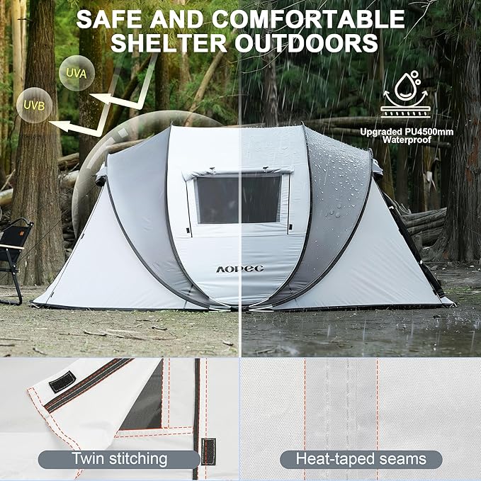 Pop Up Camping Tent, 2/4/6 Person Instant Tent Waterproof PU4500mm, Spacious Ventilated Camping Tent with Front Porch, Quick Setup Lightweight Portable for Outdoor Camping Hiking Beach