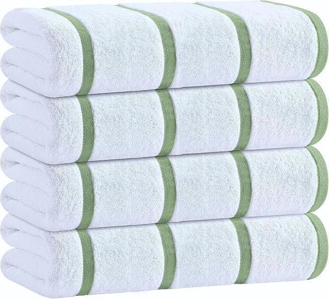 White Classic Cotton Pool Towels Oversized 30 x 60 Inches, Ultra Absorbent and Low Lint Striped Beach Towels for Adults, Stripes Design Luxury Extra Large Bath Towels, Green, 4 Pack