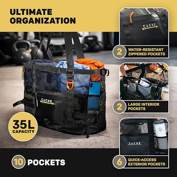 Cache Taxi-Way Tactical Mesh Tote Bag, Large Gym & Travel Bag with MOLLE Webbing (35L), Multi-Pocket Storage, Water Bottle Holder, Magnetic Closure