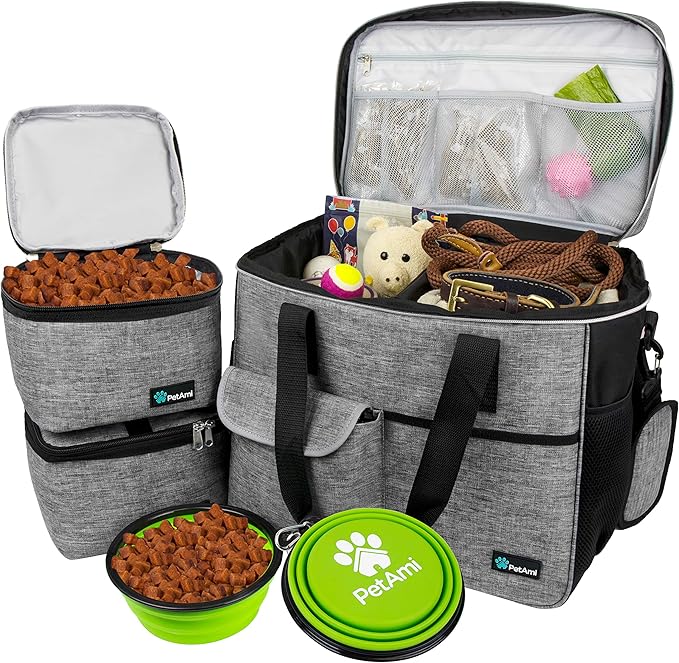 PetAmi Dog Travel Bag, Travel Pet Bag Organizer, Dog Food Travel Bag with Container Collapsible Bowls, Pet Travel Supplies Gift Accessories for Weekend Camping, Puppy Cat Diaper Bag, Gray Large