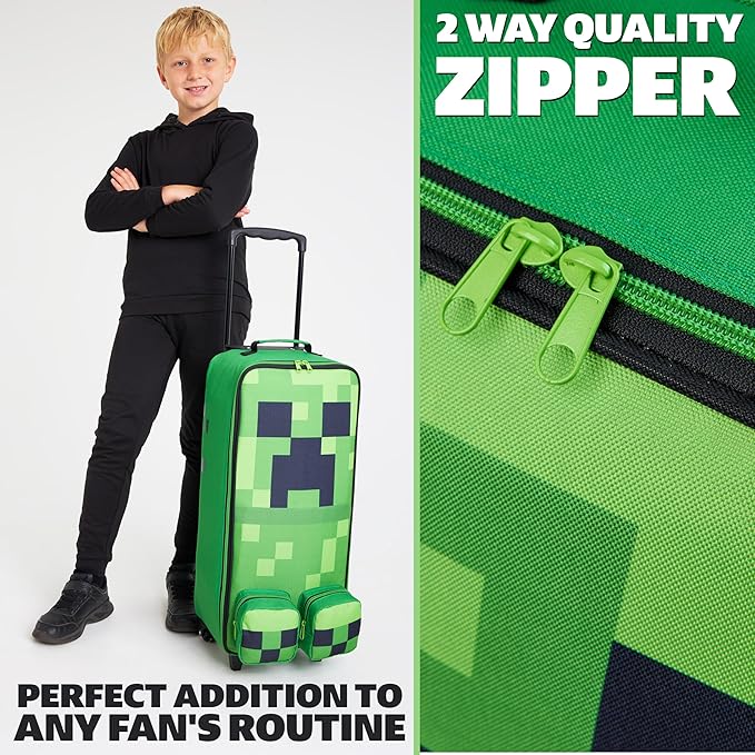 Minecraft Kids Foldable Trolley Bag 25”, 17L Luggage with Wheels, Creeper - Gamer Travel Essentials, Gifts for Kids