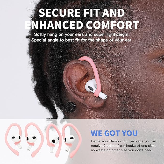 Ear Hooks 2 Pairs for AirPods Pro 2 & 1, AirPods 4 & 3, Anti-Slip Comfortable Fit, Ergonomic Design, Accessories (Small, Pink)